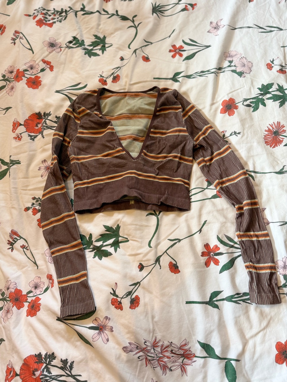 BDG Cropped Brown Ribbed V-Neck Long Sleeve Top with Yellow & Cream Stripes